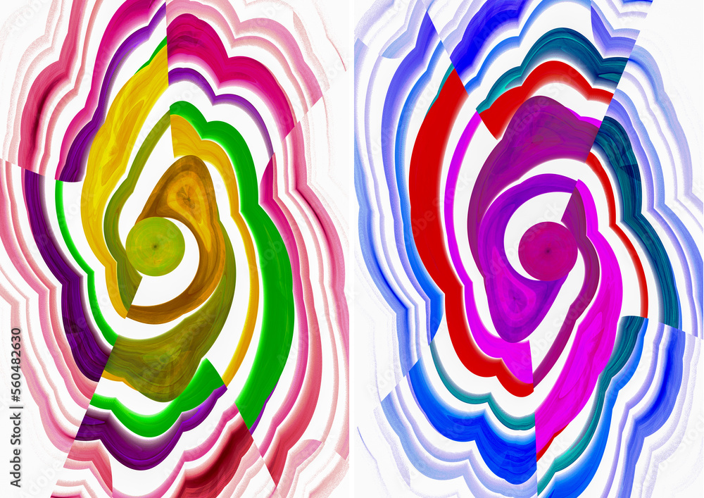 Poster wavy colorful waves diverge from green and magenta circles on a white background. two abstract fract