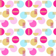 Abstract seamless texture pattern of colored circles and dots in retro style on white background. Template for wallpaper, banner, post, poster, print, fabric, packaging, wrapping paper. Minimal trend 