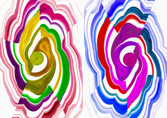 Fototapeta na wymiar Wavy colorful waves diverge from green and magenta circles on a white background. Two abstract fractal backgrounds in one. 3D rendering. 3D illustration.