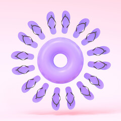 Colorful inflatable ring and flip flops like sun on pink background