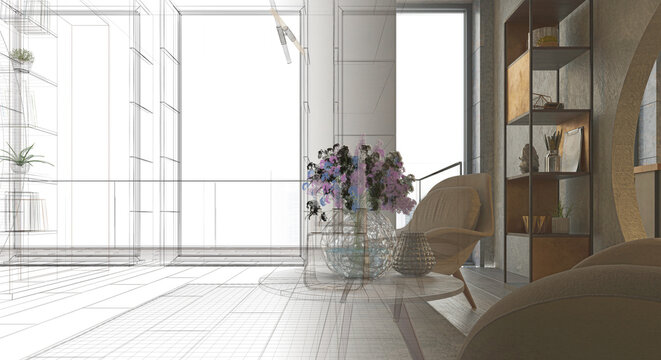 Luxurious and modern open space with circular holes in the walls, apartment inside a skyscraper in Dubai, project design wireframe, 3d rendering, 3d illustration