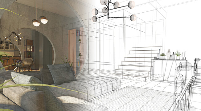 Luxurious and modern open space with circular holes in the walls, apartment inside a skyscraper in Dubai, project design wireframe, 3d rendering, 3d illustration
