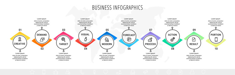 Vector business infographics template. Timeline with ten circle, icon, arrow, steps, 10 number options. Can be used for workflow layout, diagram, chart, banner, web design. Modern illustration