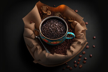 coffee cup full of coffee beans in side a coffee bean sack