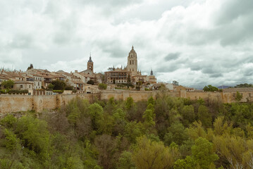 Segovia, España. April 28, 2022: Landscape of the city walls and cathedral of Segovia.