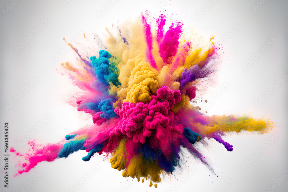 Poster colorful powder exploding on a white background. generative ai