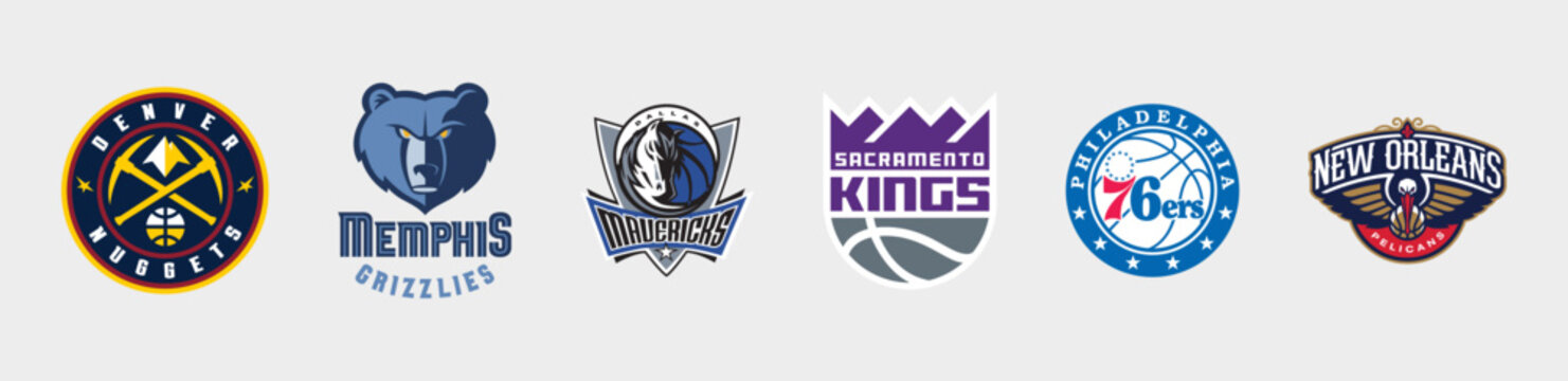 Popular NBA Team Logo. Denver Nuggets, Memphis Grizzlies, New Orleans Pelicans, Dallas Mavericks, Sacramento Kings, Etc, Editorial Vector Icon.