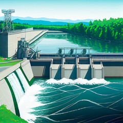 dam on the river, hydroelectric water turbines illustration