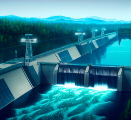 hydroelectric power station weir reservoir on the canal illustration