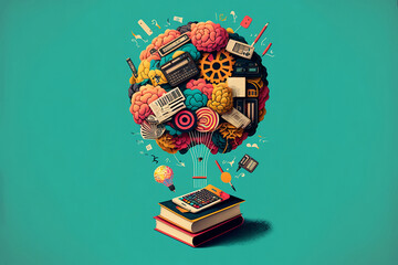 Fototapeta Generative AI illustration of conceptual art of some books on a turquoise green background from which various objects come out forming a globe representing the various human and scientific knowledge obraz