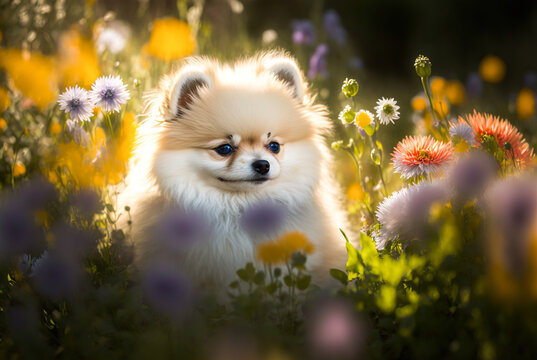 A fluffy white Pomeranian puppy is sitting in a patch of sunlight, surrounded by a bed of colorful wildflowers, with a rolling green meadow and blue sky background. Generative AI.