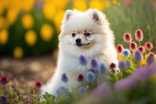 A fluffy white Pomeranian puppy is sitting in a patch of sunlight, surrounded by a bed of colorful wildflowers, with a rolling green meadow and blue sky background. Generative AI.