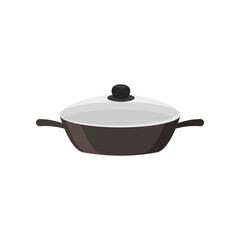 Black pot cartoon illustration. Metal cooking pot with lid, stainless utensil for making soup or boiling water. Household, kitchen concept