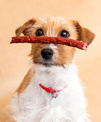 dog holding a sausage on his nose