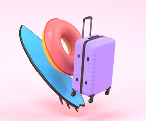 Luggage with beach ring and surf board on pink background.
