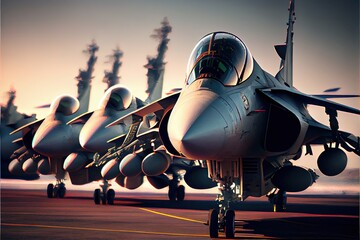 Fototapeta Military aircraft stands in the hangar. Military fighter aircraft on an aircraft carrier. Generative AI Art. obraz