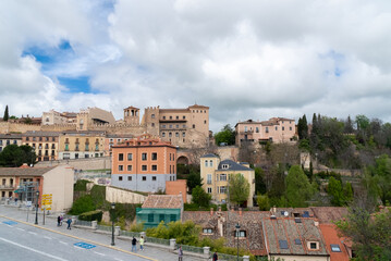 Fototapeta na wymiar Segovia, España. April 28, 2022: Famous Segovia walls and architecture view.