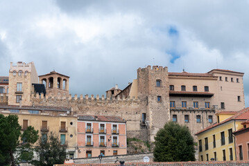 Fototapeta na wymiar Segovia, España. April 28, 2022: Famous Segovia walls and architecture view.