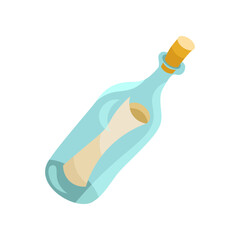 Bottle with a message flat vector illustration. Cartoon bottle with a message. Adventure concept