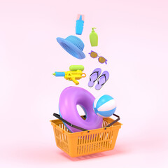 Colorful beach accessories and shopping basket on pink background.