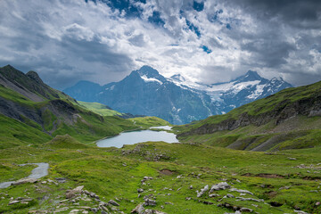 Fototapeta na wymiar Bachalpsee and the Swiss Alps in the background on a cloudy summer day