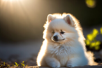 Obraz premium A fluffy white Pomeranian puppy basks in the warm glow of the afternoon sun, its curly fur shimmering in the golden sunlight. Generative AI.