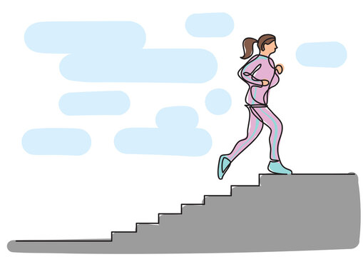 one line drawing woman running on stairs colored colored - PNG image with transparent background
