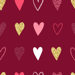 Repeated hearts seamless pattern, hand drawn with gold glitter effect, Cute background. Endless romantic print - vector design