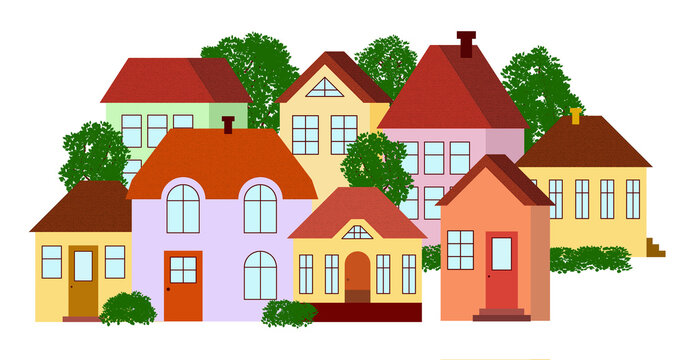 Village houses with green trees and shrubs on transparent background, png. Suburban cute colorful buildings with roofs, windows, chimneys and doors. Cartoon, illustration, isolated