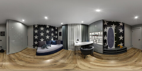 Full spherical seamless hdri 360 panorama in interior of stylish living room or kids room in...