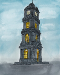izmir clock tower colorful watercolor drawing