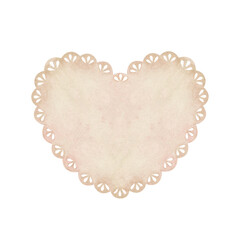Beige lace doily in the shape of a heart. Place for inscription or text. Watercolor illustration. Isolated on a white background. For design of greeting cards, wedding invitation, for scrapbooking - obrazy, fototapety, plakaty