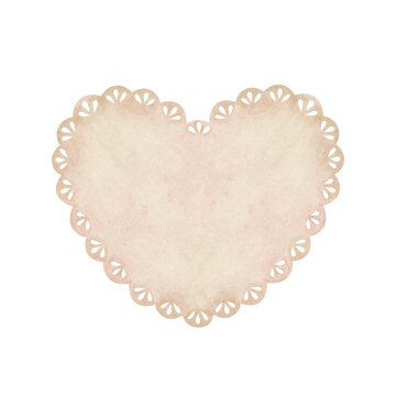 Beige lace doily in the shape of a heart. Place for inscription or text. Watercolor illustration. Isolated on a white background. For design of greeting cards, wedding invitation, for scrapbooking