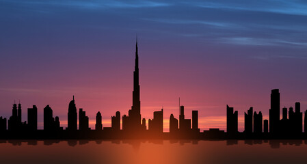 Fototapeta na wymiar United Arab Emirates, Dubai skyline view at sunset. UAE celebration. National day, Flag day, Commemoration day, Martyrs day.