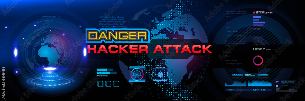 Poster attention! attack. danger for your computer. futuristic cyber banner with dangerous signal and warni