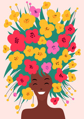 Spring girl with floral headdress and dark skin. Happy woman with hairstyle with flower. Card for International Women's Day. Design for banner, poster, invitation