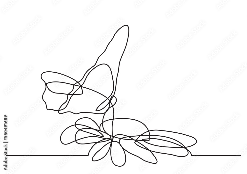 Poster continuous line drawing butterfly and flower - png image with transparent background