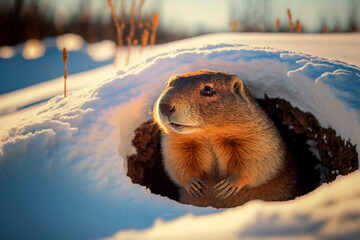Groundhog covered in snow on Groundhog Day. Generative AI
