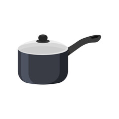 Black tall ladle or pot cartoon illustration. Metal cooking pot with lid, stainless utensil for making soup or boiling water. Household, kitchen concept