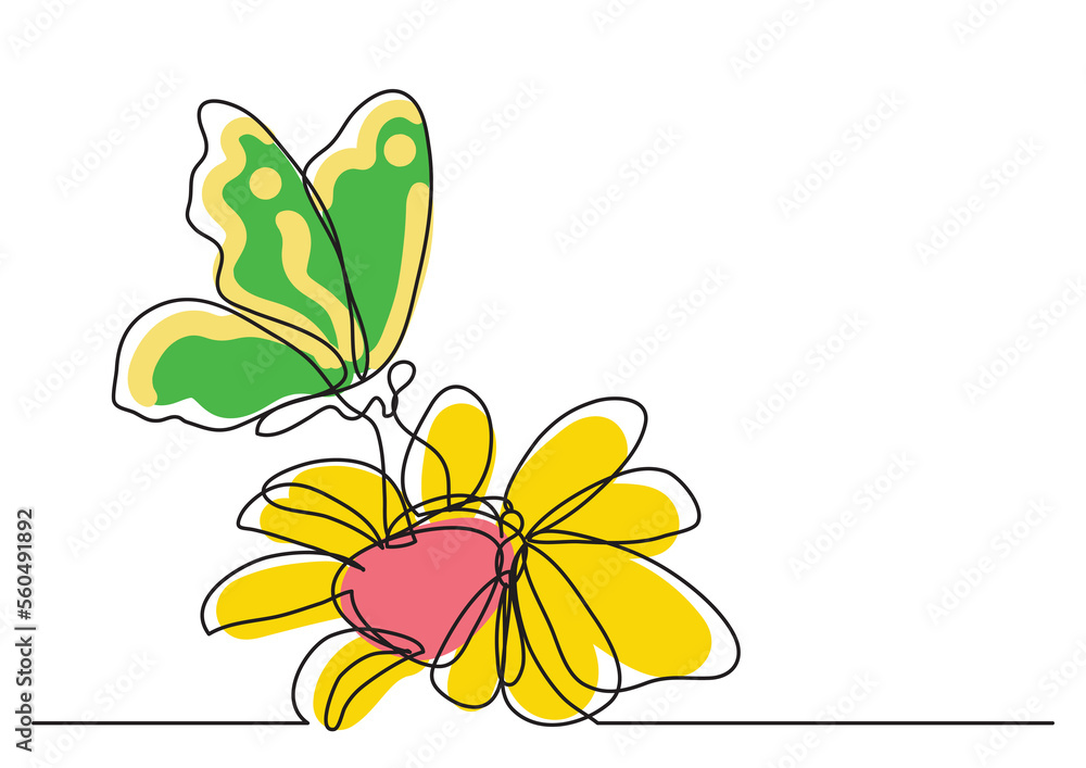 Poster continuous line drawing two butterflies on flowers colored - png image with transparent background