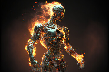 Obraz na płótnie Canvas fire robot stand up on dark background (ai generated)