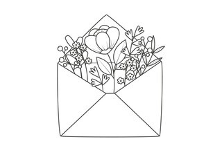 Mail envelope wis a fantasy flowers. Romantic spring message. Illustration on transparent background - obrazy, fototapety, plakaty