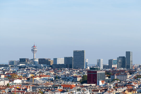 City skyline with Berliner Funkturm and Icon Vienna, Belvedere, Vienna, Austria