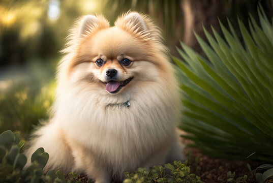 A beautiful close-up portrait of a cute Pomeranian puppy dog, with its fluffy white and brown fur and ears standing at attention. Generative AI.