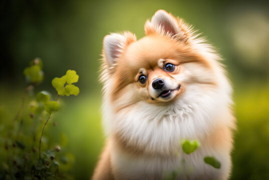 A beautiful close-up portrait of a cute Pomeranian puppy dog, with its fluffy white and brown fur and ears standing at attention. Generative AI.
