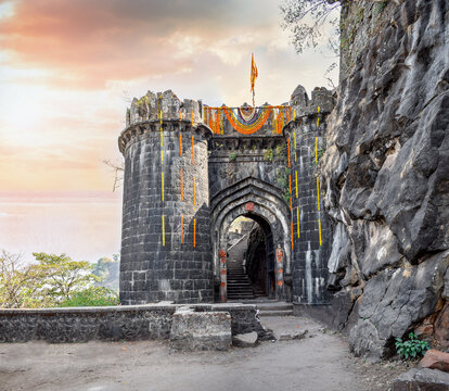 Decorated entrance to Ajinkyatara Fort, Satara, Sahayadri Mountains, Maharashtra, India