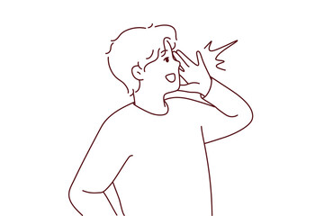 Smiling young man make hand gesture with hands screaming or making announcement. Happy guy yell or shout news to public. Vector illustration. 