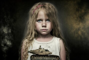 Portrait of a girl with a tank. Children at war. Boy Soldier. Peace. Not child's play. Anti-war poster. Generative AI.