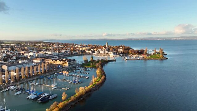 Aerial view of Romanshorn, a town along Lake Constance, Switzerland view at sunset
