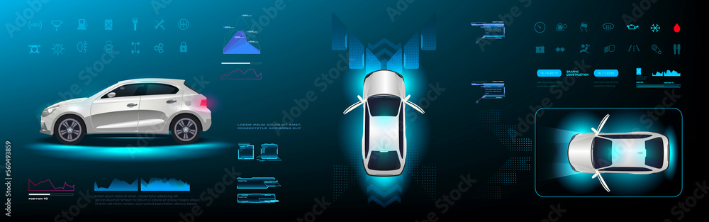 Poster futuristic car user interface. smart car panel on hud digital holographic screen. vehicle control se